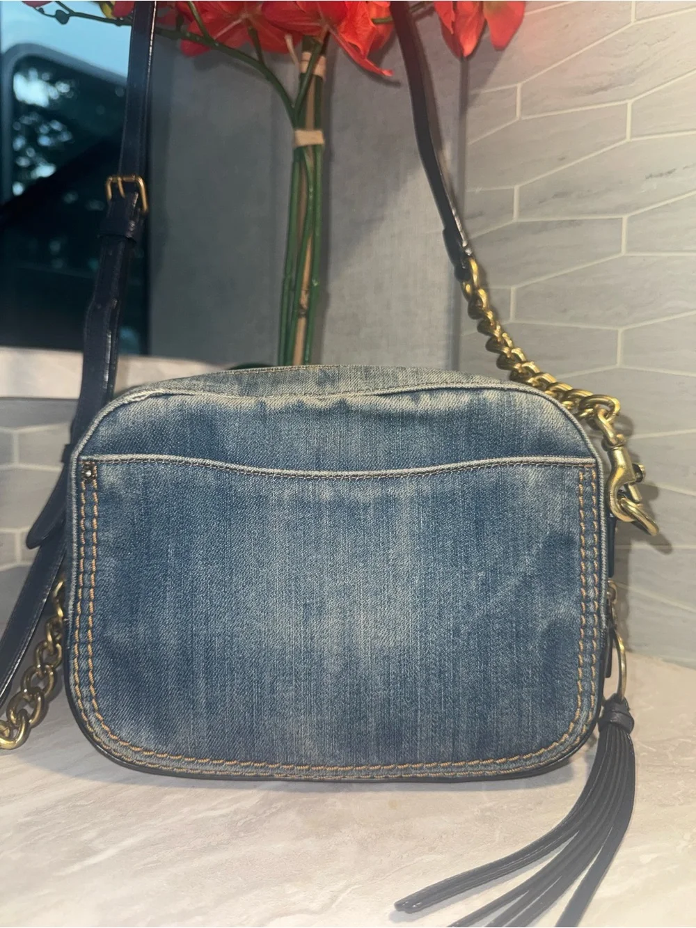 Coach RARE Denim Tea Rose Floral Appliqué Crossbody Bag in Distressed Blue